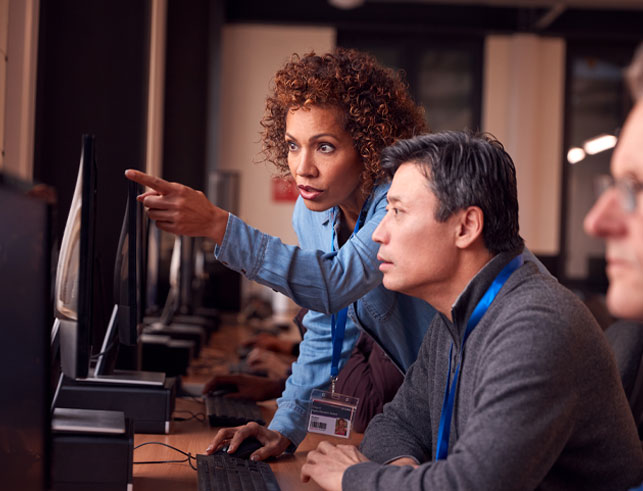 IT solution workers looking at computer monitor
